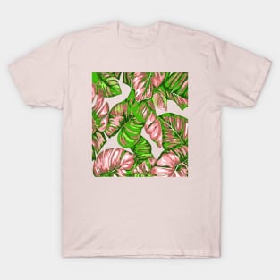 Tropical Leaves Of Banana and Monstera Pink Green Cut Out T-Shirt